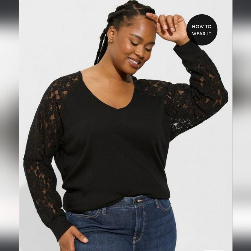 Torrid Black Cotton Modal Rib V-Neck Lace Long Sleeve Top